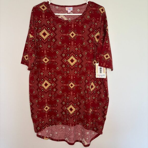 LULUROE NEW Irma Small Burgundy Aztec Design Stretch Hi Lo Hem - Picture 1 of 5
